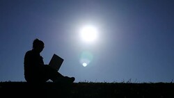 Silhouette of woman typing laptop on daylight time , 4k(UHD) Stock Footage