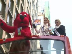 Clifford the Big Red Dog, Miss USA Alyssa Campanella and Miss Teen USA Danielle Doty at 2012 World Read Aloud Day Celebration on 3/7/2012 in New York, NY, United States Stock Footage
