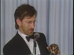Steven Spielbeg speaking to the Press at the Academy Awards 1986 Stock Footage