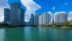 View from Brickell Key, a small island covered in apartment towers, towards the Miami skyline, Miami, Florida, USA Stock Footage