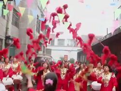 WS PAN People performing gongs and drums with costumes in a wedding/hancheng,shaanxi,China Stock Footage