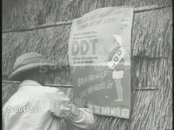 1949: NATIONALIST PARTY: HEALTH: VS Chinese soldier standing guard outside unidentified area w/ American & French flag flying. VS Male putting up 'DDT' poster, male pouring pesticide, spraying hut, house, w/ pesticide. Insecticide, diseases, Taiwan Instructional Video