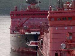 ZO, WS, Two Russian nuclear icebreakers in port, Russia Stock Footage
