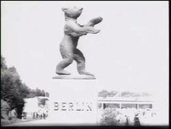 B/W 1961 bear statue with "Berlin" on base / Berlin, Germany / newsreel Stock Footage