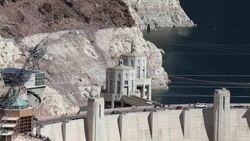 Lake Mead, Nevada, USA. The lake is at a very low level due to the four year long drought, with the boundary of where the water used to reach, clearly visible. Stock Footage