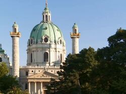 PAN Karlskirche (St. Charles's Church) in Vienna Stock Footage