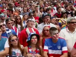 Soccer Fans Gather To Watch US v Germany World Cup Match Stock Footage