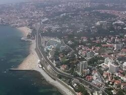 AERIAL WS Cityscape with coastline / Cascais, Lisbon, Portugal Stock Footage