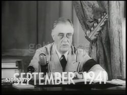 1941: U.S. PRESIDENT FRANKLIN ROOSEVELT SPEECH: INT 'September 1941' superimposed over MS FDR giving speech at Oval Office desk 'Sole responsibility rests upon Germany. There will be no shooting unless Germany continues to seek it.' WWII Instructional Video