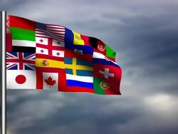 Large group of national flags waving on the sky Stock Footage