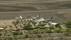 Aerial view of the outdoor terminal at Kona International Airport on Hawaii's Big Island. Stock Footage