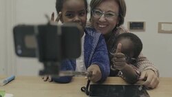 daily life of a child: selfie stick with mother Stock Footage