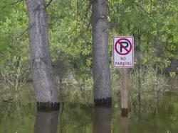 HD video flooded street and sign Colorado Chatfield State Park Stock Footage