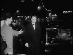 B/W 1955 Steve Allen + wife Jayne Meadows exiting limo at premiere of "The Benny Goodman Story" Stock Footage