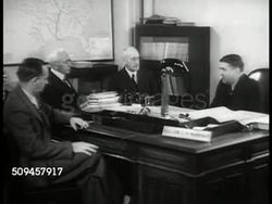 1936: U.S. ARMY ENGINEERS: INT CU Sign 'Chief of Engineers.' VS Major General Markham (unconfirmed) talking to men at desk '...research will culminate in greatest engineering project... since Panama... greatest resource of America.' Washington D.C. Instructional Video
