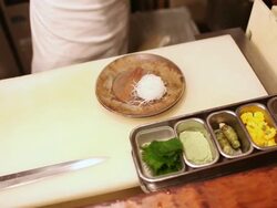 CU R/F Shot of chef preparing fish and Japanese food in restaurant / Tokyo, Kanto, Japan Stock Footage