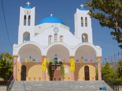 WS View of Cyclades white and blue big church towers in town of Ageria Greek / Paros, Greece Stock Footage