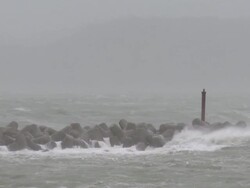 Storm Waves Crash Into Sea Wall During Hurricane Stock Footage
