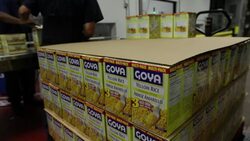 MEDIUM SHOT two workers label and pile boxes of yellow rice in Goya Foods, Inc. facility Stock Footage