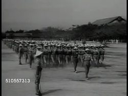 1950: NATIONS AGAINST COMMUNIST RUSSIA: WS Republic of China troops marching (Formosa, Taiwan). HA XWS Hong Kong city. VS French soldiers fighting on burning streets (Indochina). XWS Dardanelles Straights (Turkey). Soviet Union Instructional Video