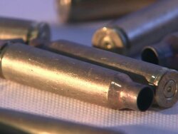 Close Up static - Brass cartridge casings lie on a flat surface /  Maryland, United States Stock Footage
