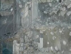 MS TD Wrecking ball demolishing building / Chicago, Illinois, USA Stock Footage