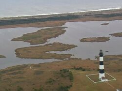 WS AERIAL ZO View of Bodie Island and Lighthouse / North Carolina, United States Stock Footage