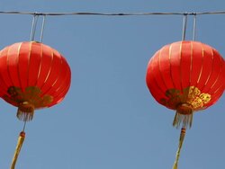Chinese lantern moving in the wind with blue sky. Stock Footage