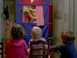 MS, Children (2-3, 4-5, 8-9) watching puppet theater at home, Saint Ferme, Gironde, France Stock Footage