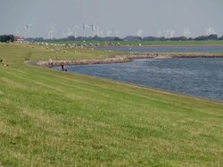 WS View of windmills in fishing town, North Sea, North Frisia / Busum, Schleswig Holstein, Germany Stock Footage