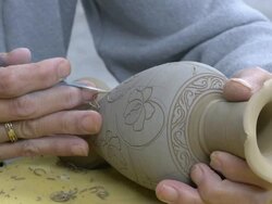 Carving a pottery using by chisel Stock Footage