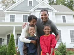 "MS PAN View of portrait of smiling family in front of house / Quinton, Virginia, United States " Stock Footage