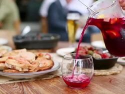 MS Pouring Sangria into glass / Barcelona, Catalunya, Spain Stock Footage