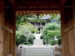 MS ZI Shot of Entrance to Beomjongnu bell building in Buseoksa temple / Yeongju, Gyeongsangbuk-do, South Korea Stock Footage