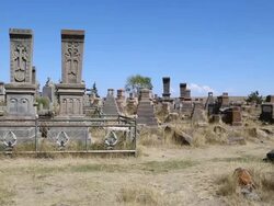 Noratus (Noraduz) cemetery, Sevan lake, tombstones and khatchkars in the cemetery Stock Footage