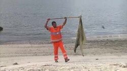 Rubbish Being Cleaned Up From Beach in Botafogo News Clip