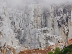 MS Shot of fog moving over marble quarry / Colonnata, Tuscany, Italy Stock Footage