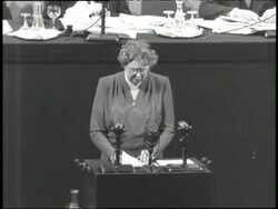 First Lady Eleanor Roosevelt delivers a speech about Universal Declaration of Human Rights at a United Nations meeting. Stock Footage