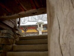 MS Shot of stone lantern in buseoksa Temple in winter / Yeongju, Gyeongsangbuk-do, South Korea Stock Footage