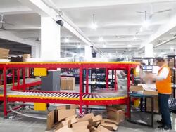 express delivery labor worker sorting package at assembly line,timelapse. Stock Footage