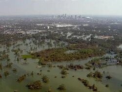 Sept. 11, 2005 aerial over flood toward Central Business District in wake of hurricane / New Orleans Stock Footage