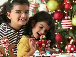 MS Portrait of  Two Young Sisters Holding Decorated Gingerbread Cookies for Christmas / Richmond, Virginia, United States Stock Footage