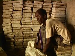 Man next to salt blocks showing salt from a sack Stock Footage
