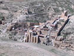 Aerial Mar Saba Monastery in the Northern Judea desert, Israel Stock Footage