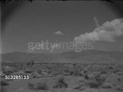 1952: NEVADA: MOJAVE DESERT: WS REVERSE PAN Desert w/ scrub w/ dried grass landscape, drought tolerant plants, mountains BG, Joshua trees in small clusters.   Yucca, tree, No people, animals.      Note: Soft round top edges from lens sun shield. Instructional Video