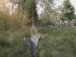 Little Boy Sitting On Rope Swing In The British Countryside Stock Footage