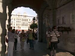 MS shot of La Grand Place UNESCO world heritage with T Serclaes relief The legend says robbing the arm of T Serclaes brings luck / Brussels, Brussels Capital Region, Belgium Stock Footage
