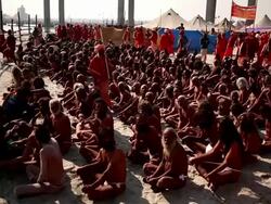 Brown semi naked saddhus sit on ground, red clad people walk past and through them, men having heads shaved in front row. Kumbh Mela, India Stock Footage