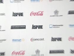 ATMOSPHERE: signage at "ASPiRE" Television Network Launch Event Stock Footage