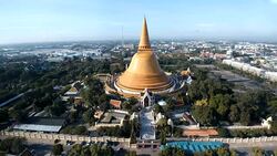 Aerial view Phra Pathommachedi is a stupa in Thailand. Stock Footage